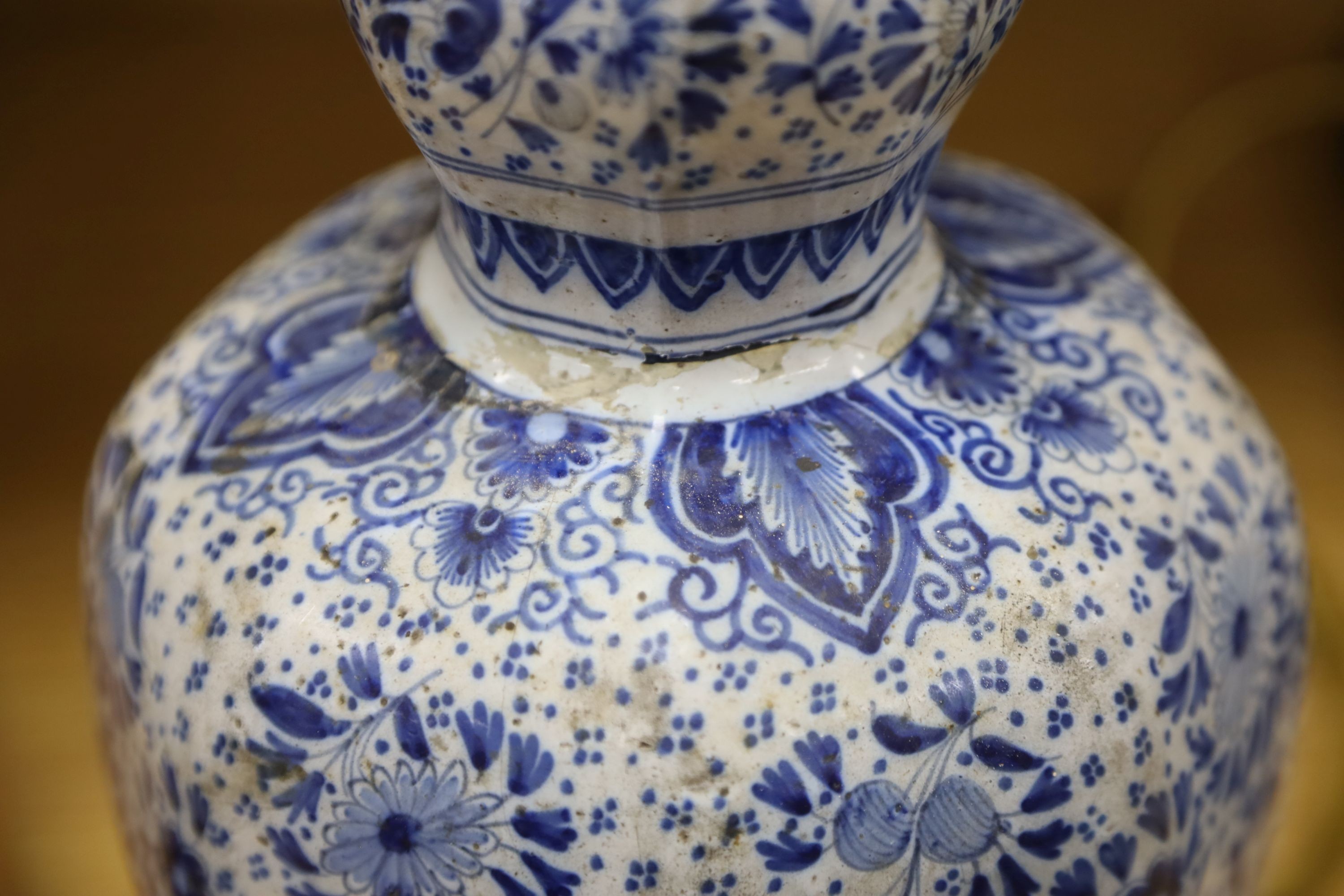 An 18th/19th century Delft blue and white octagonal double gourd vase, mounted as a lamp 50 cm